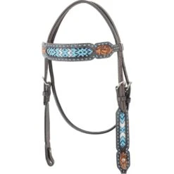Western Rawhide Turquoise Beaded Inlay Browband Headstall - Dark Brown